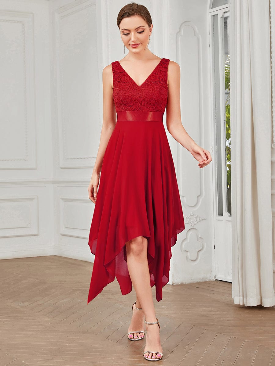 Plus Size Stunning V Neck Lace & Chiffon Prom Dress for Women #color_Red