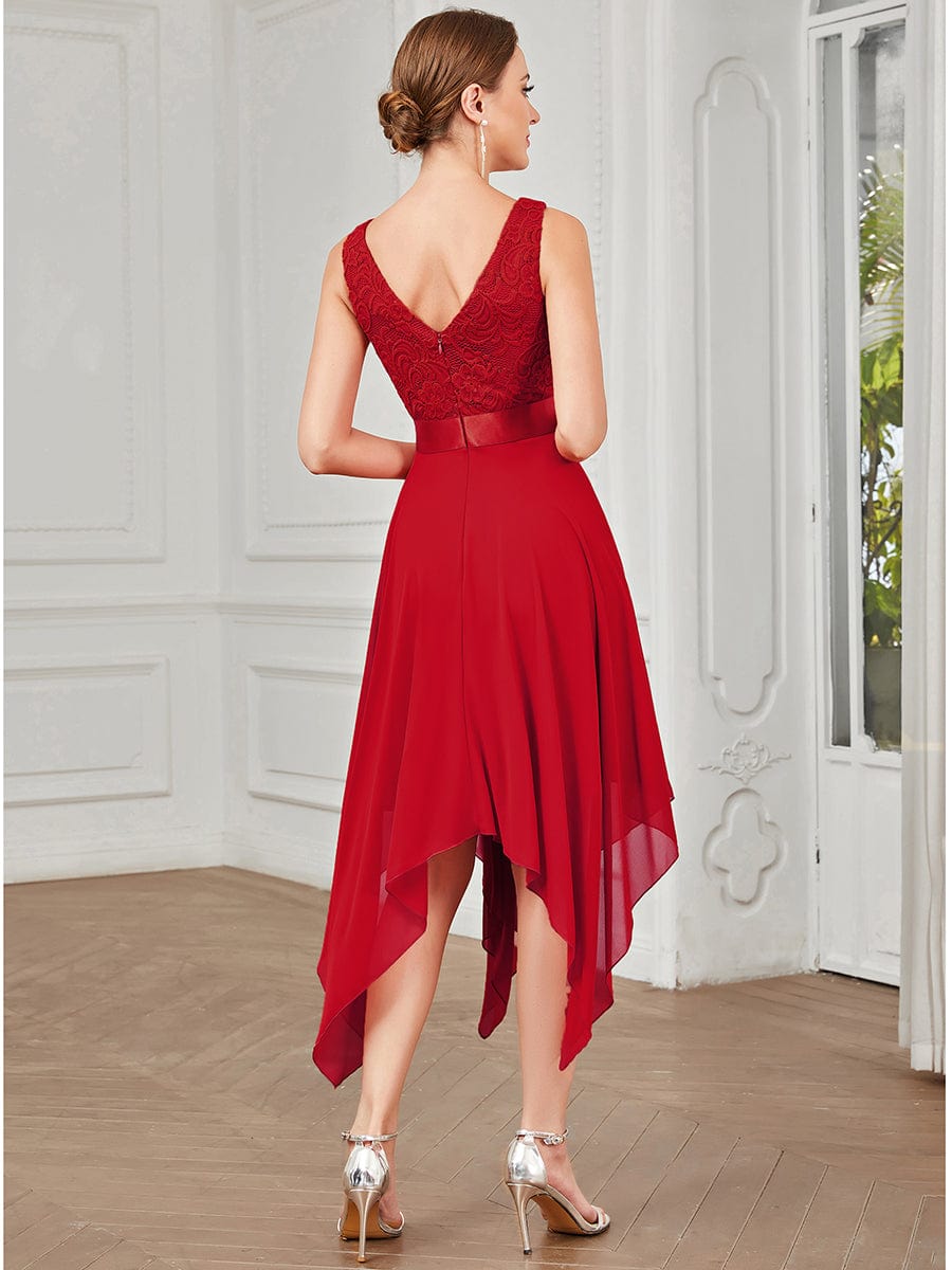 Plus Size Stunning V Neck Lace & Chiffon Prom Dress for Women #color_Red