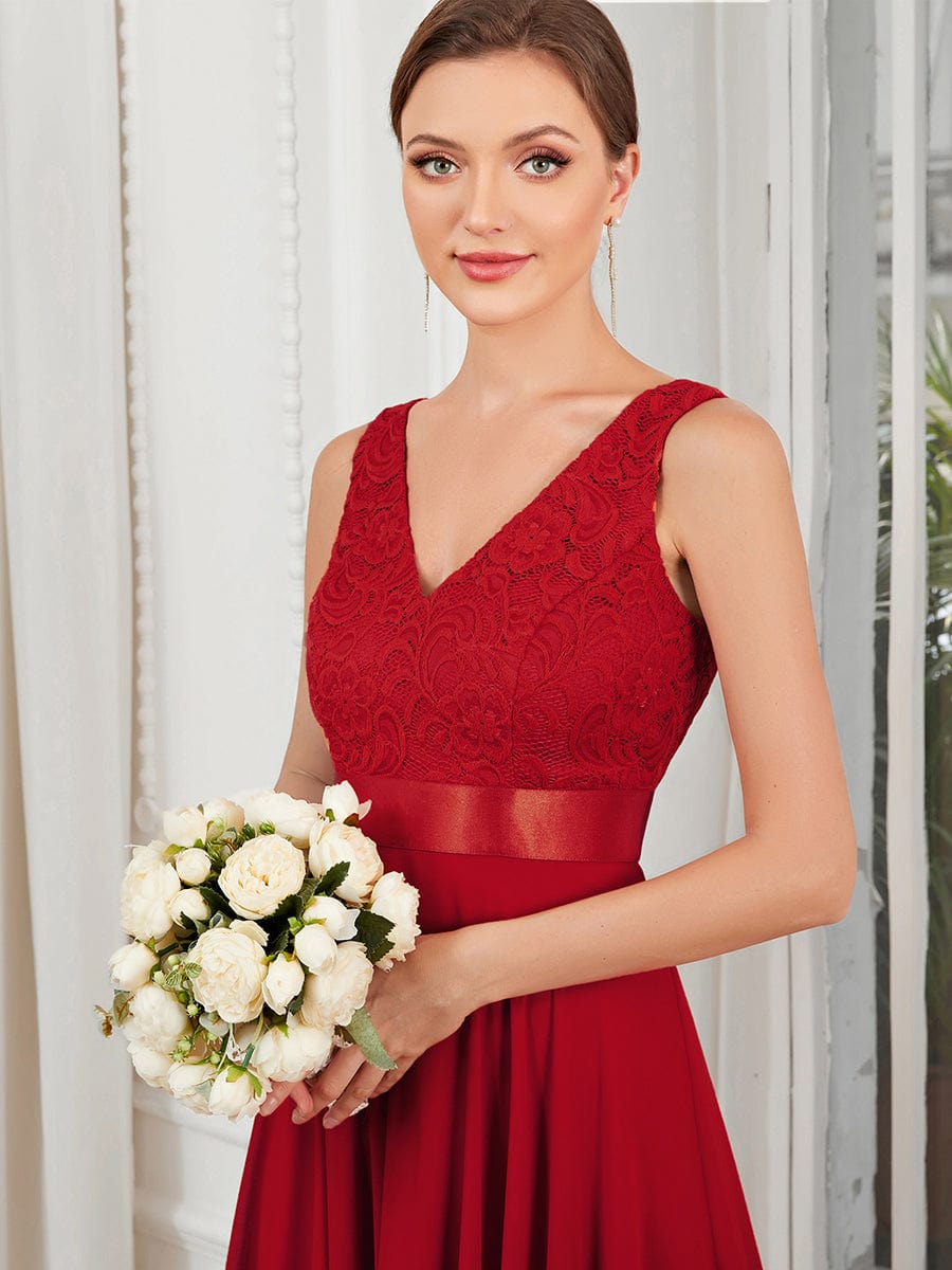 Plus Size Stunning V Neck Lace & Chiffon Prom Dress for Women #color_Red