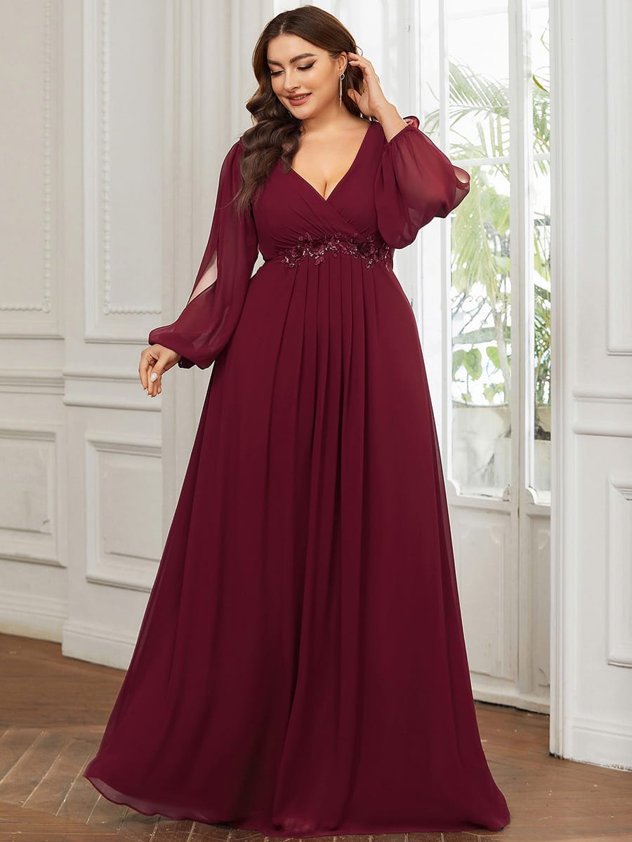 Lantern Long Slit Sleeve Deep V Applique Maxi Evening Dress #color_Burgundy