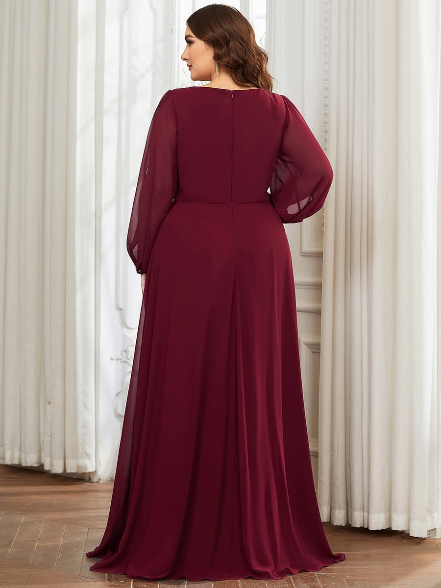 Lantern Long Slit Sleeve Deep V Applique Maxi Evening Dress #color_Burgundy
