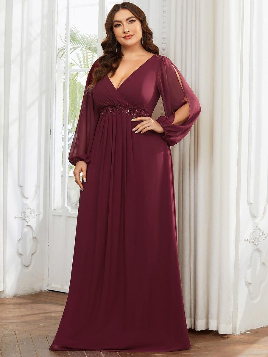 Lantern Long Slit Sleeve Deep V Applique Maxi Evening Dress #color_Burgundy