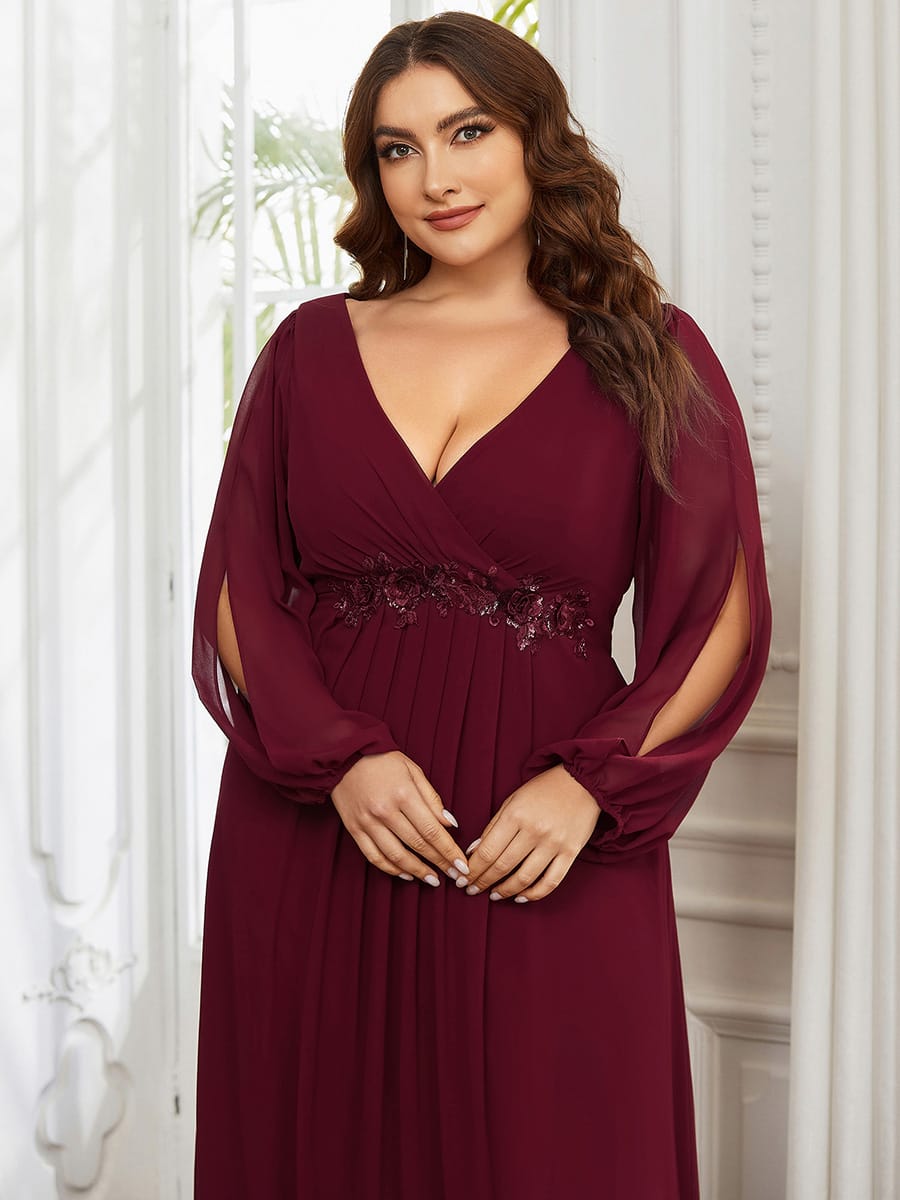 Lantern Long Slit Sleeve Deep V Applique Maxi Evening Dress #color_Burgundy