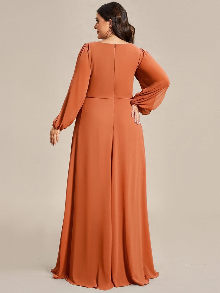 Lantern Long Slit Sleeve Deep V Applique Maxi Evening Dress #color_Brandied Melon