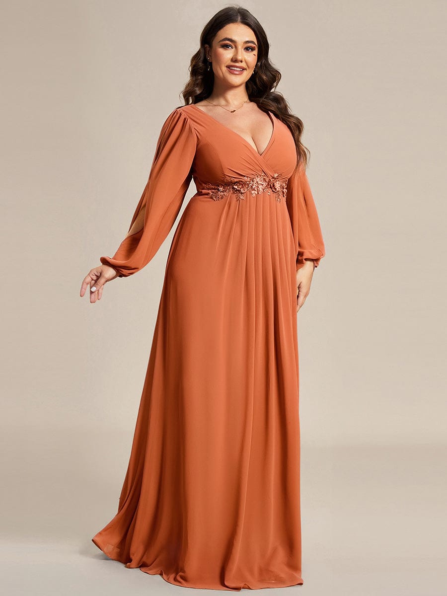 Lantern Long Slit Sleeve Deep V Applique Maxi Evening Dress #color_Brandied Melon
