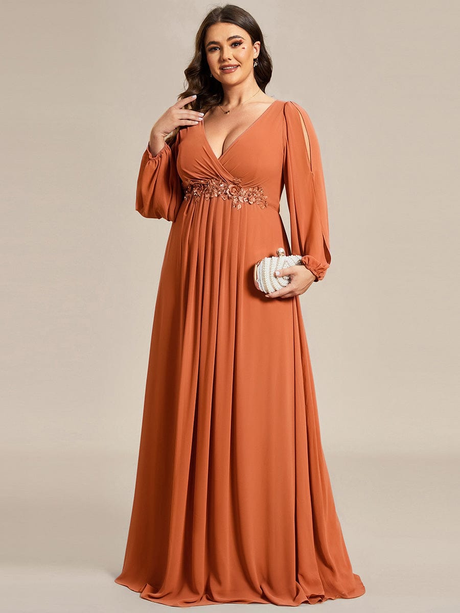 Lantern Long Slit Sleeve Deep V Applique Maxi Evening Dress #color_Brandied Melon