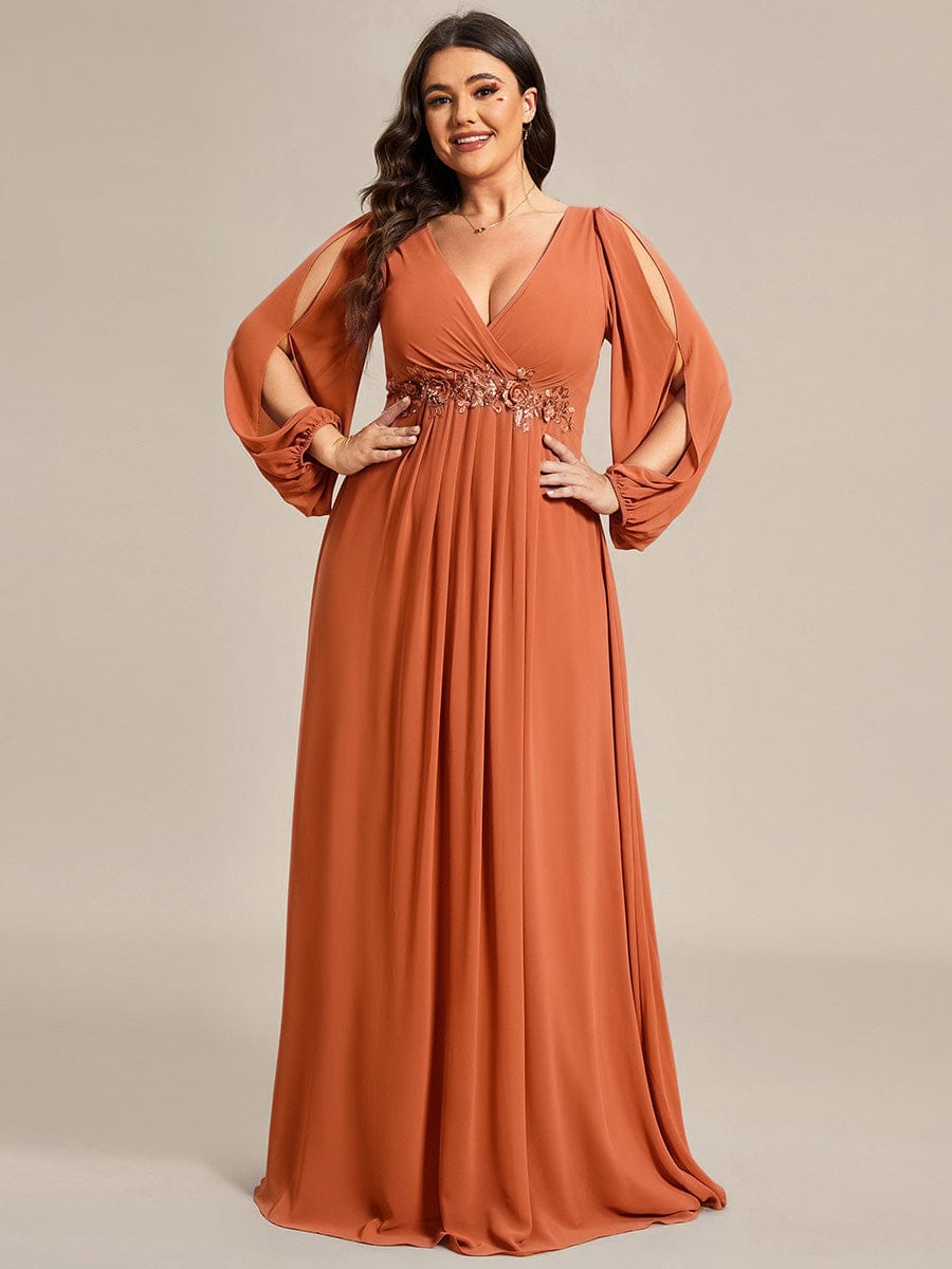 Lantern Long Slit Sleeve Deep V Applique Maxi Evening Dress #color_Brandied Melon