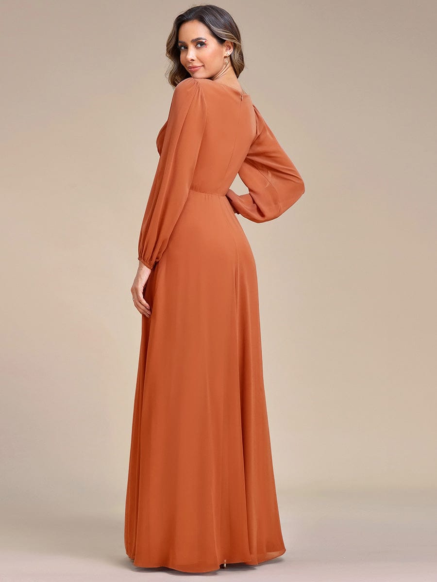 Lantern Long Slit Sleeve Deep V Applique Maxi Evening Dress #color_Brandied Melon