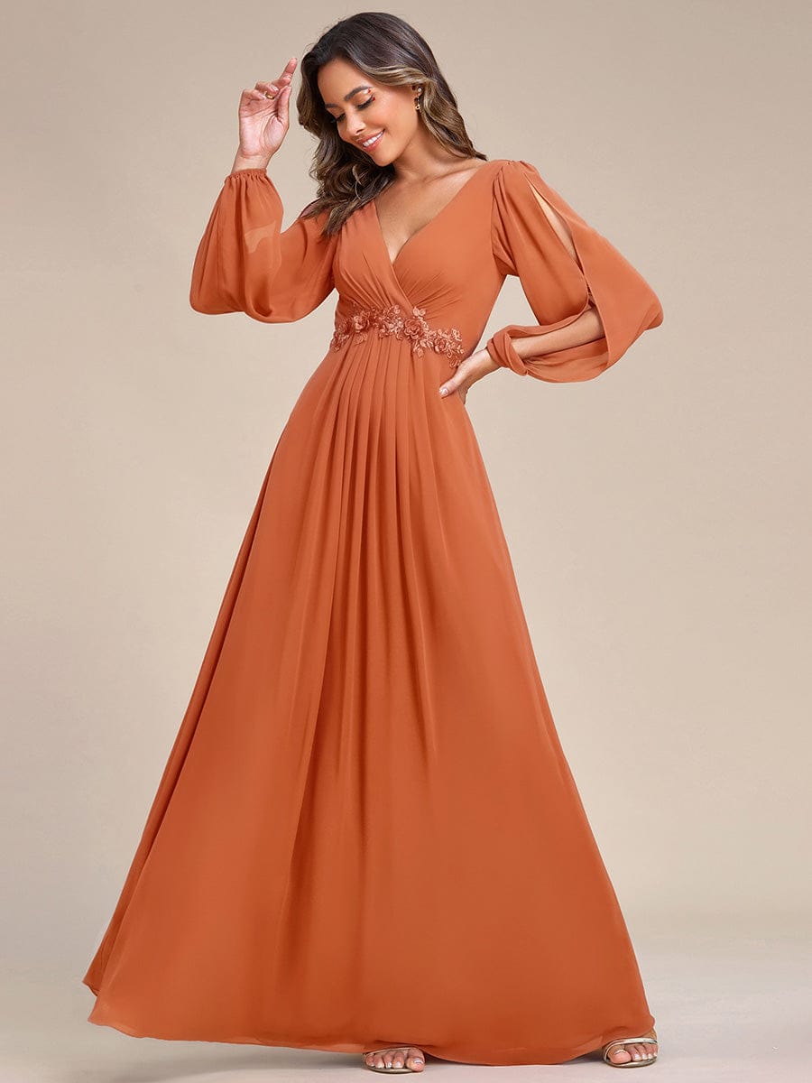 Lantern Long Slit Sleeve Deep V Applique Maxi Evening Dress #color_Brandied Melon