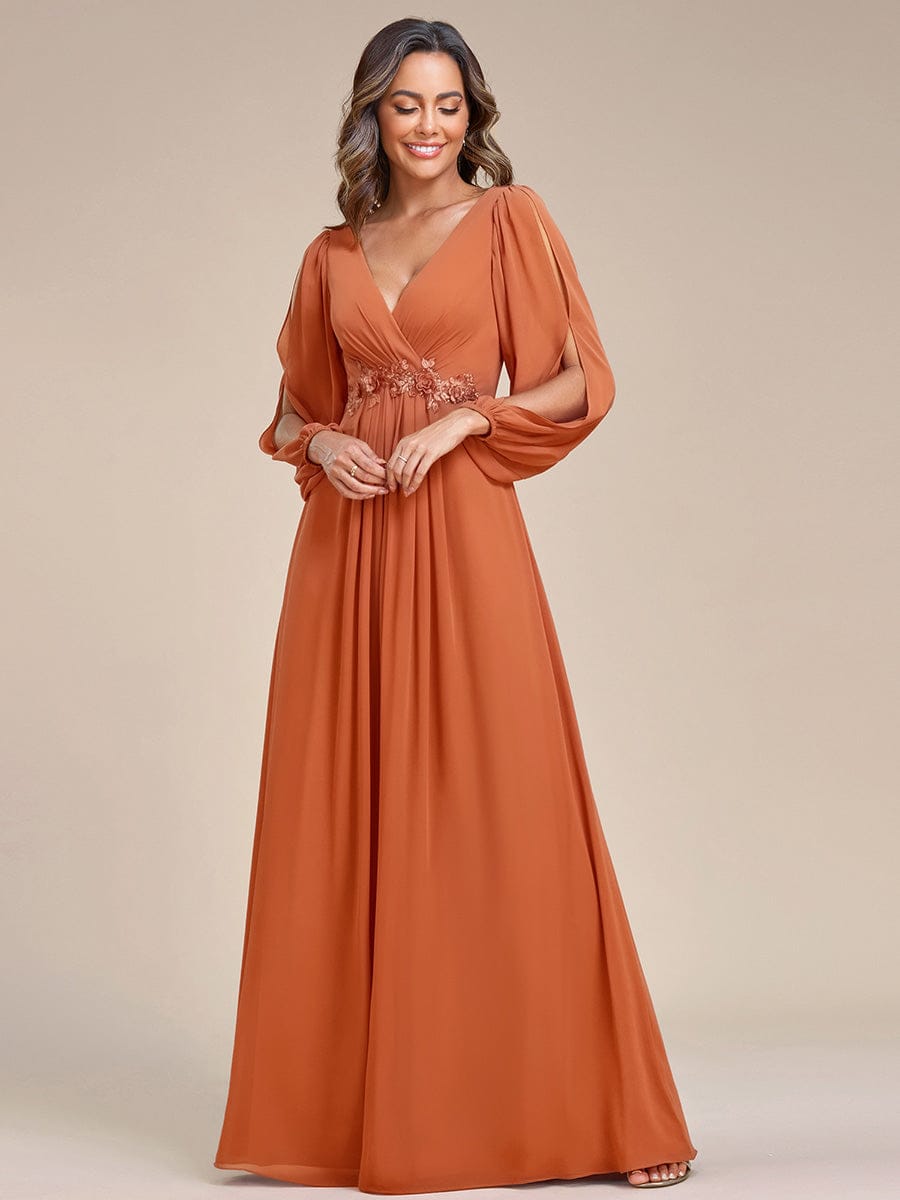 Lantern Long Slit Sleeve Deep V Applique Maxi Evening Dress #color_Brandied Melon