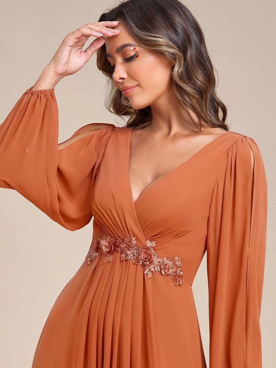 Lantern Long Slit Sleeve Deep V Applique Maxi Evening Dress #color_Brandied Melon