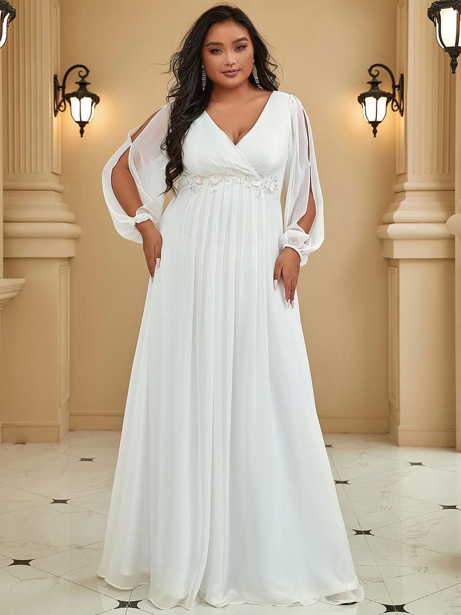 Lantern Long Slit Sleeve Deep V Applique Maxi Evening Dress #color_Cream