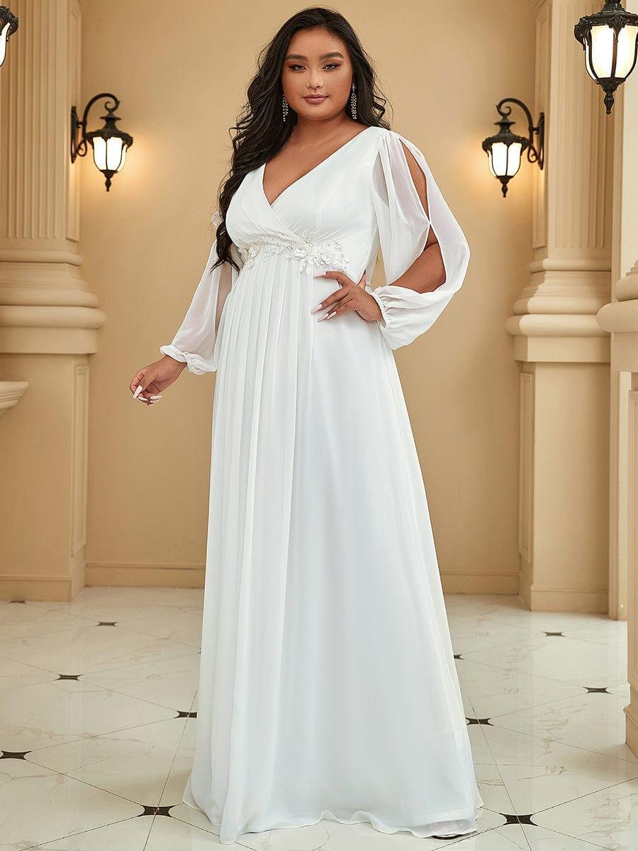 Lantern Long Slit Sleeve Deep V Applique Maxi Evening Dress #color_Cream