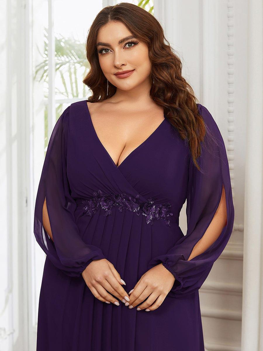 Lantern Long Slit Sleeve Deep V Applique Maxi Evening Dress #color_Dark Purple