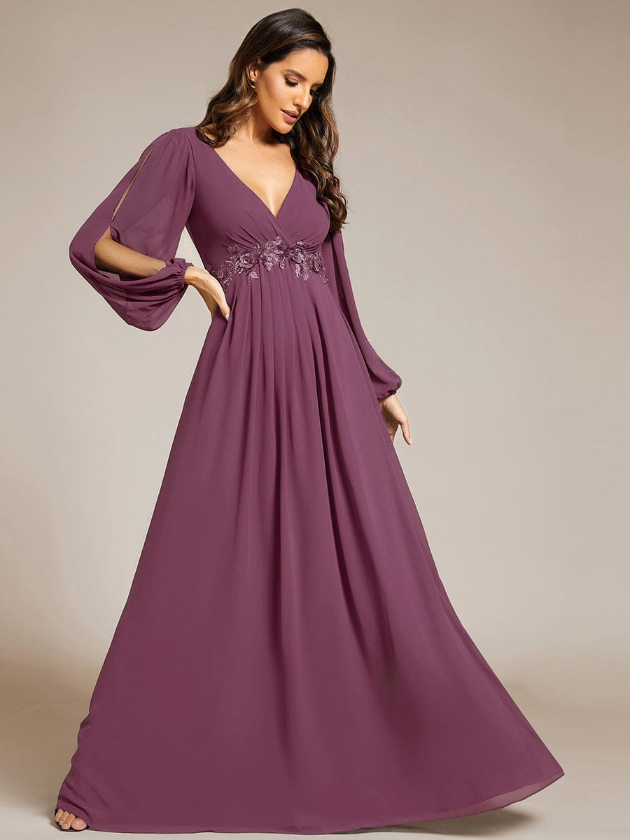 Lantern Long Slit Sleeve Deep V Applique Maxi Evening Dress #color_Damson