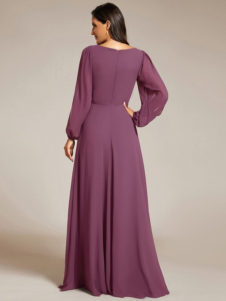 Lantern Long Slit Sleeve Deep V Applique Maxi Evening Dress #color_Damson