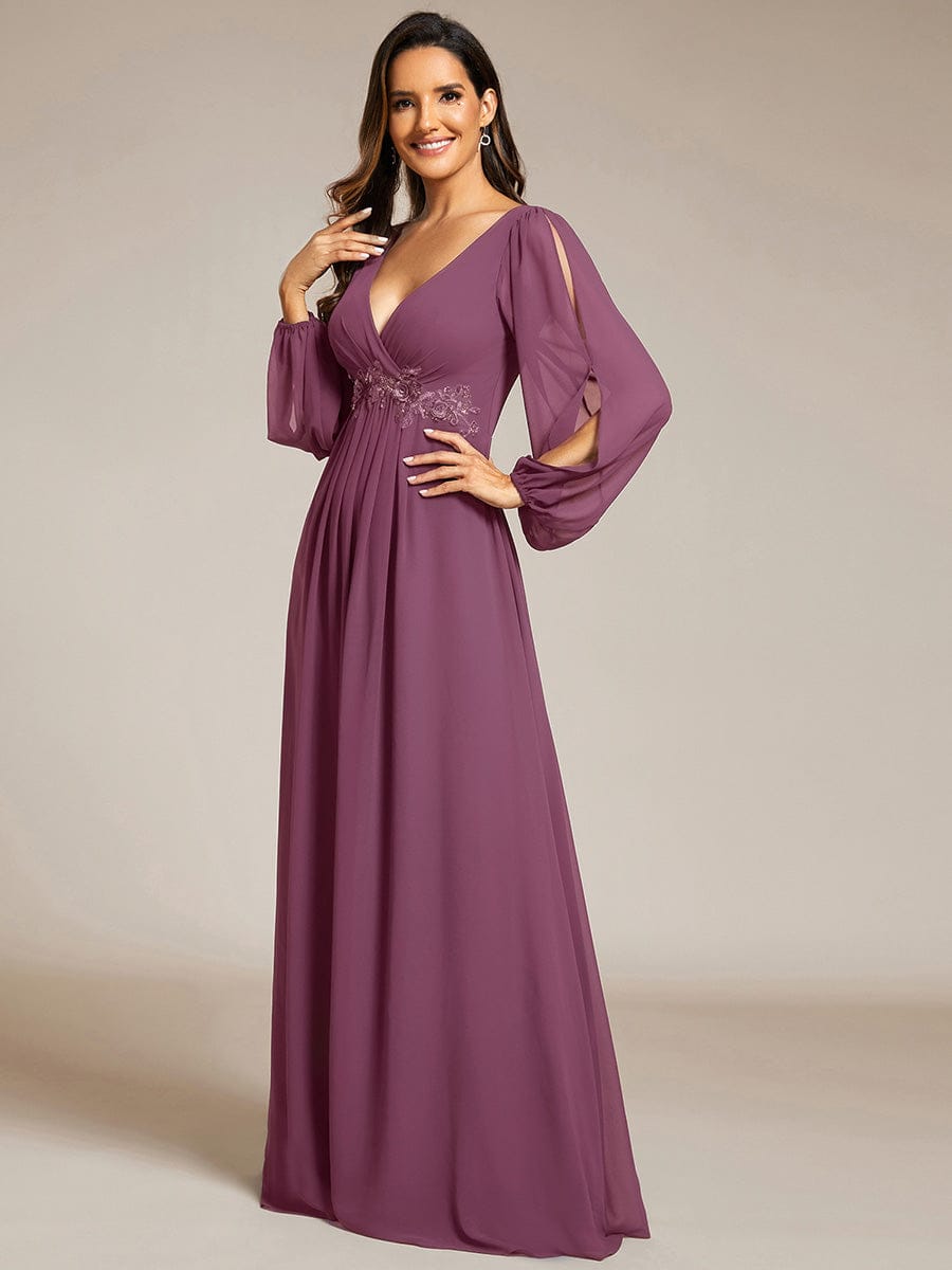 Lantern Long Slit Sleeve Deep V Applique Maxi Evening Dress #color_Damson