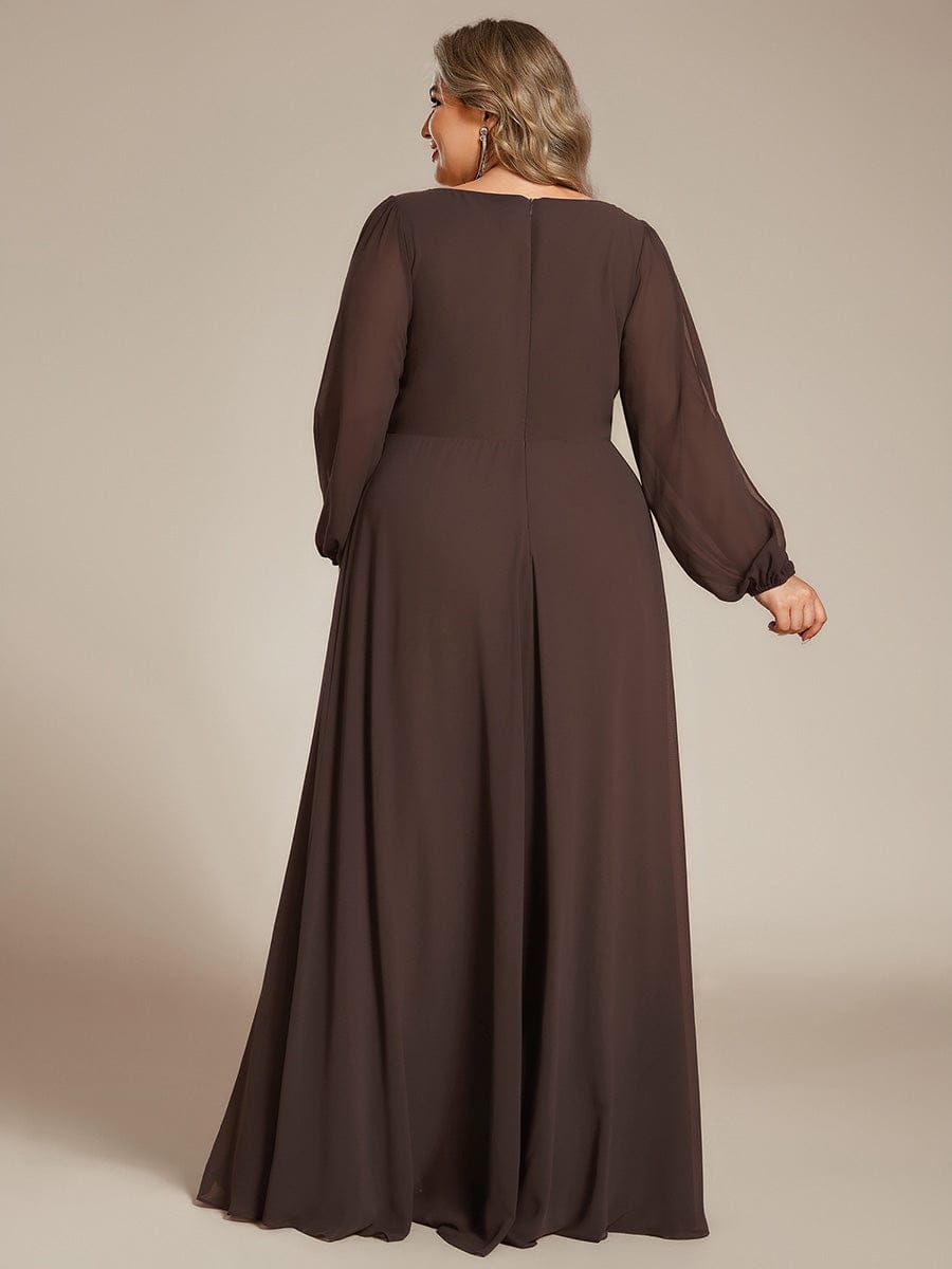 Lantern Long Slit Sleeve Deep V Applique Maxi Evening Dress #color_Espresso