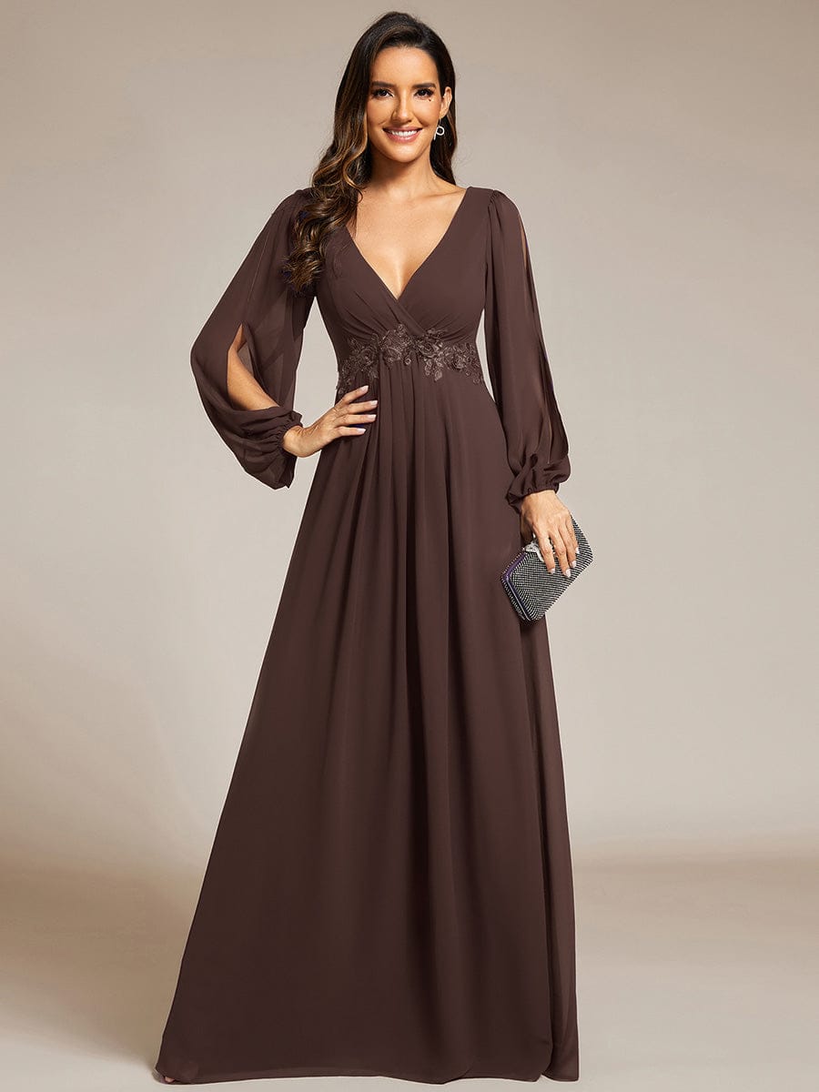 Lantern Long Slit Sleeve Deep V Applique Maxi Evening Dress #color_Espresso