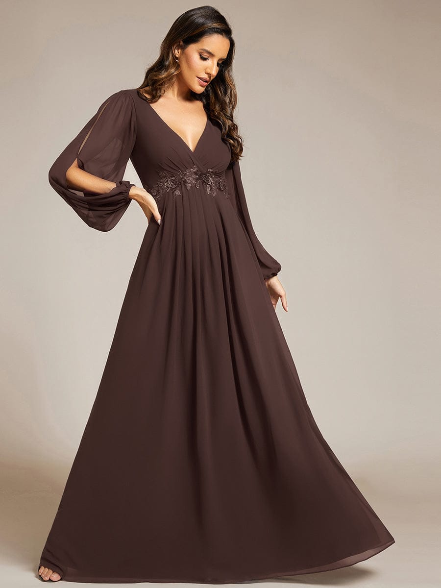 Lantern Long Slit Sleeve Deep V Applique Maxi Evening Dress #color_Espresso