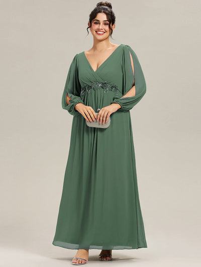 Stylish Chiffon Plus Size Evening Dresses with Long Lantern Sleeves #color_Eucalyptus Green