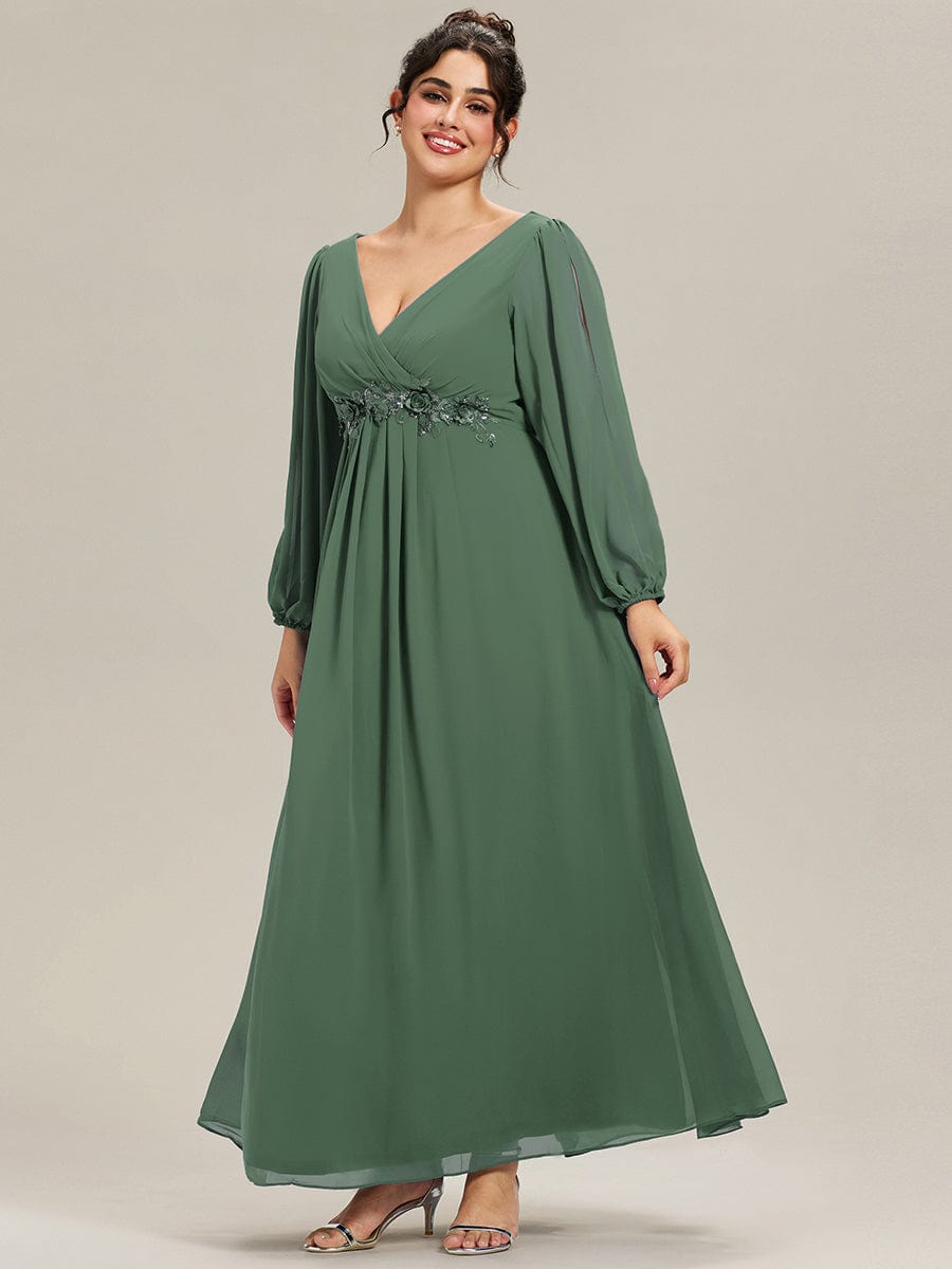 Stylish Chiffon Plus Size Evening Dresses with Long Lantern Sleeves #color_Eucalyptus Green