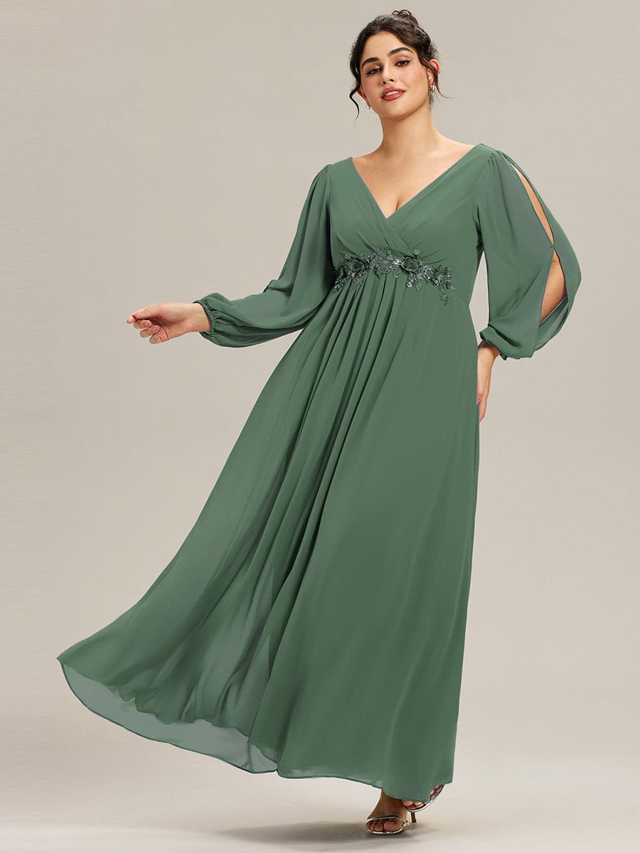 Stylish Chiffon Plus Size Evening Dresses with Long Lantern Sleeves #color_Eucalyptus Green