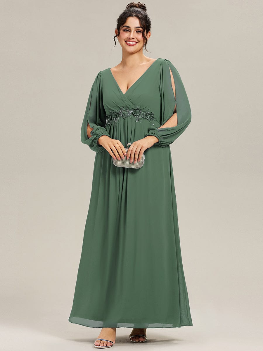 Stylish Chiffon Plus Size Evening Dresses with Long Lantern Sleeves #color_Eucalyptus Green