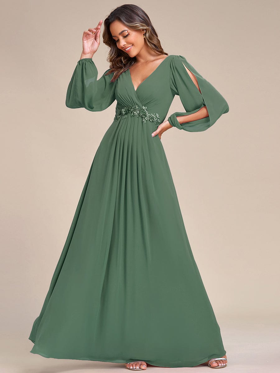 Stylish Chiffon Plus Size Evening Dresses with Long Lantern Sleeves #color_Eucalyptus Green