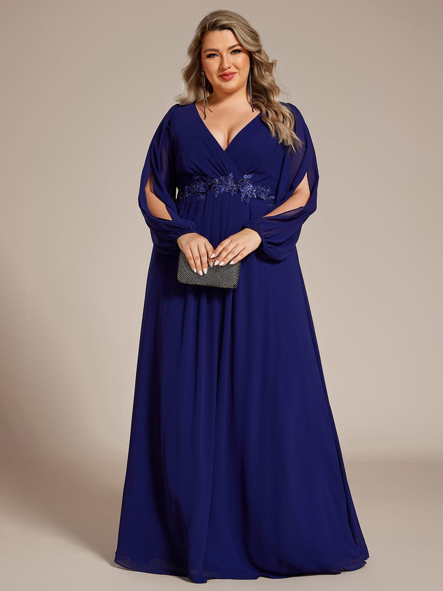 Stylish Chiffon Plus Size Evening Dresses with Long Lantern Sleeves #color_Royal Blue
