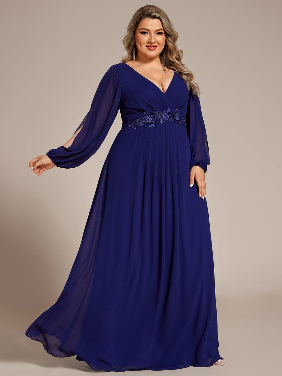 Stylish Chiffon Plus Size Evening Dresses with Long Lantern Sleeves #color_Royal Blue