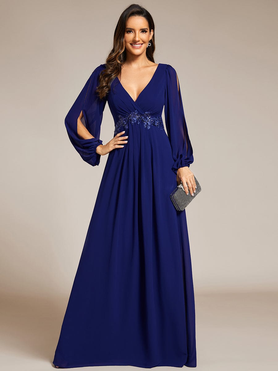 Stylish Chiffon Plus Size Evening Dresses with Long Lantern Sleeves #color_Royal Blue