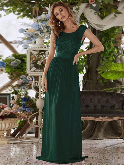 Round Neck Lace Bodice Dress in Dark Green #color_Dark Green