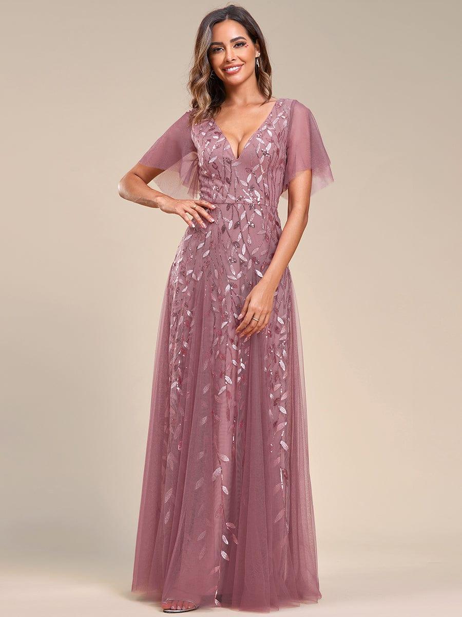 Romantic Shimmery V Neck Ruffle Sleeves Maxi Long Evening Gowns #color_Purple Orchid