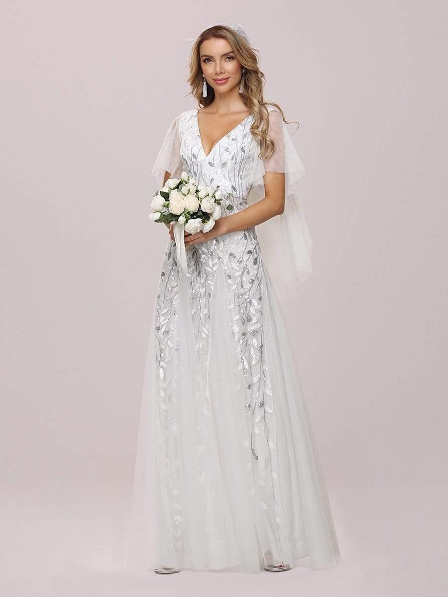 Romantic Shimmery V Neck Ruffle Sleeves Maxi Long Evening Gowns #color_White