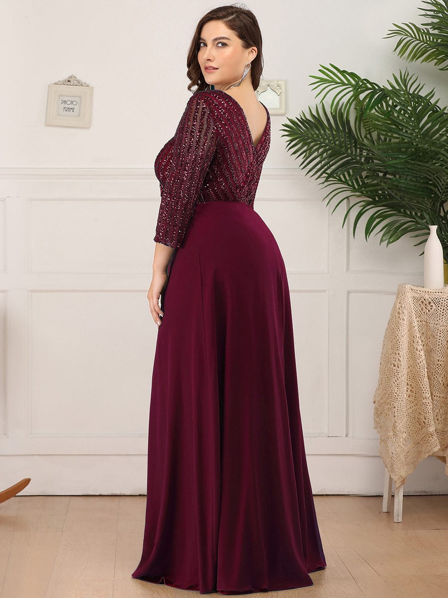 Sexy V Neck A-Line Sequin Evening Dresses with 3/4 Sleeve #color_Burgundy
