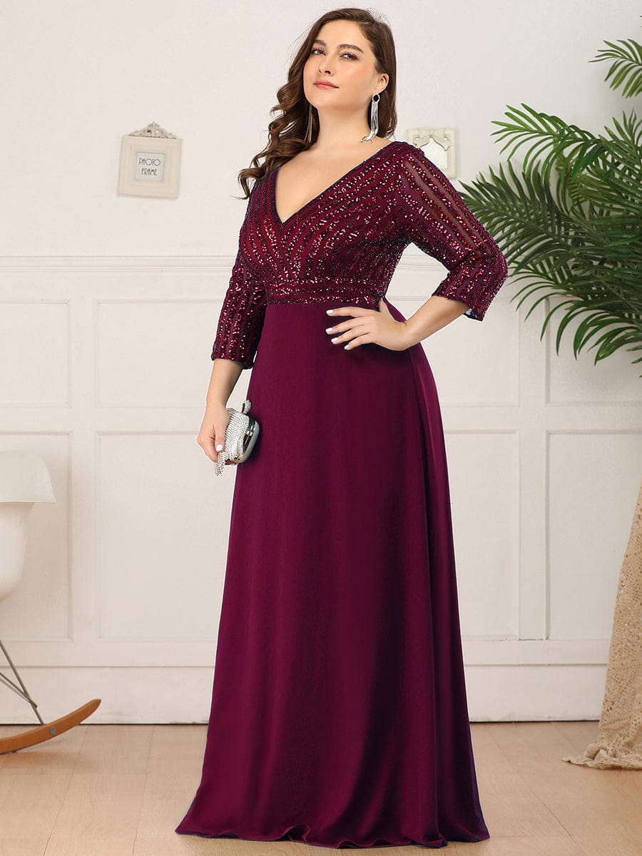 Sexy V Neck A-Line Sequin Evening Dresses with 3/4 Sleeve #color_Burgundy