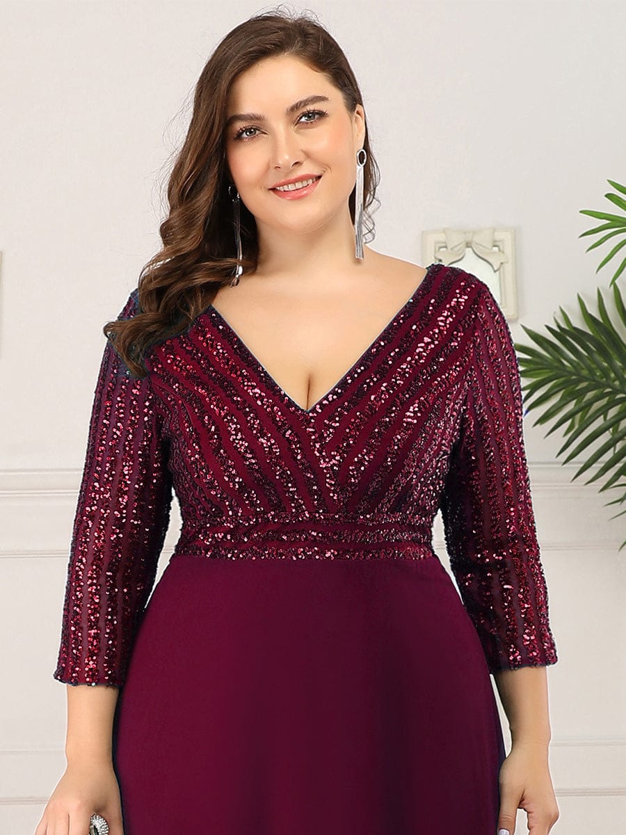 Sexy V Neck A-Line Sequin Evening Dresses with 3/4 Sleeve #color_Burgundy