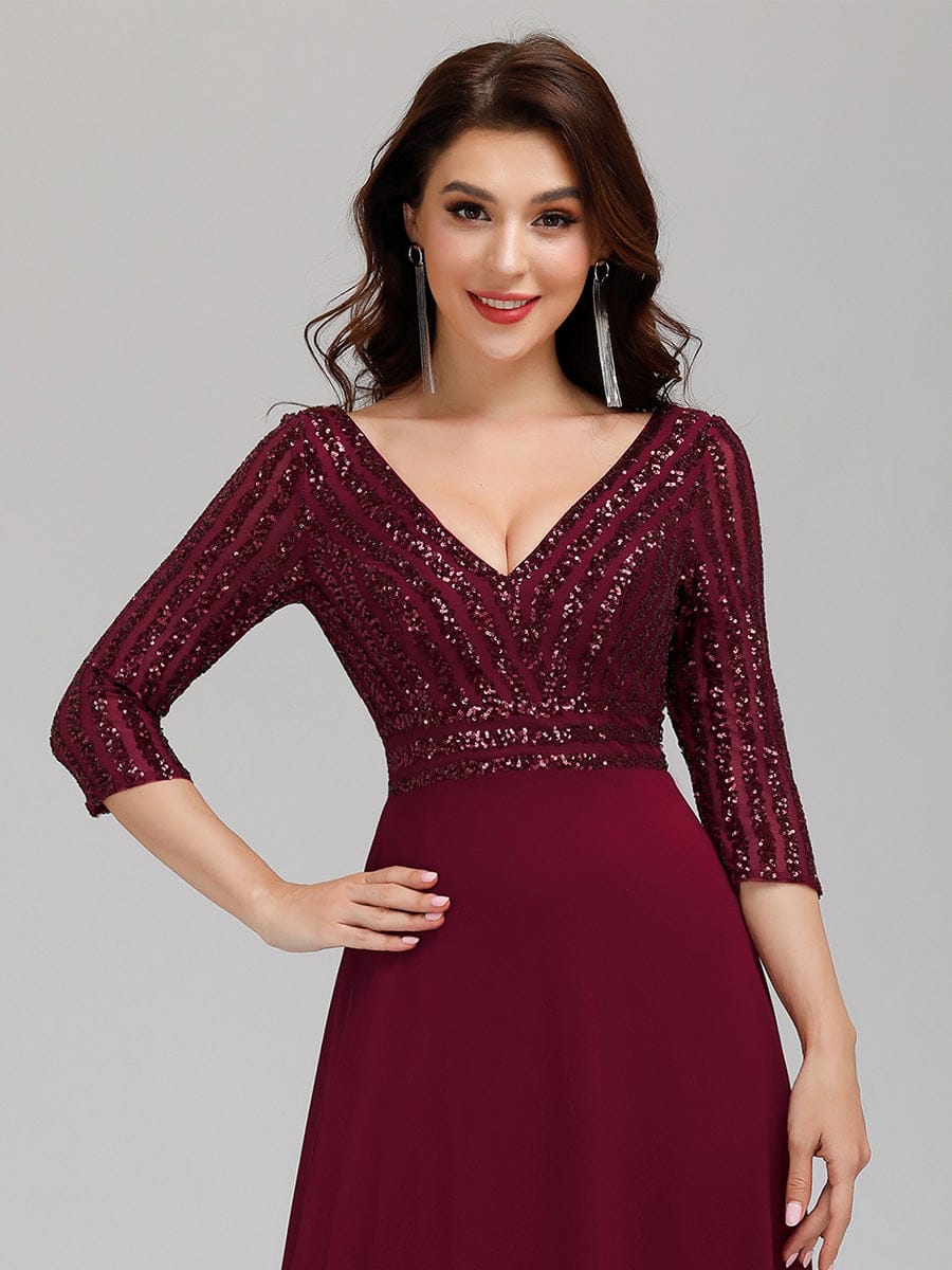 Sexy V Neck A-Line Sequin Evening Dresses with 3/4 Sleeve #color_Burgundy