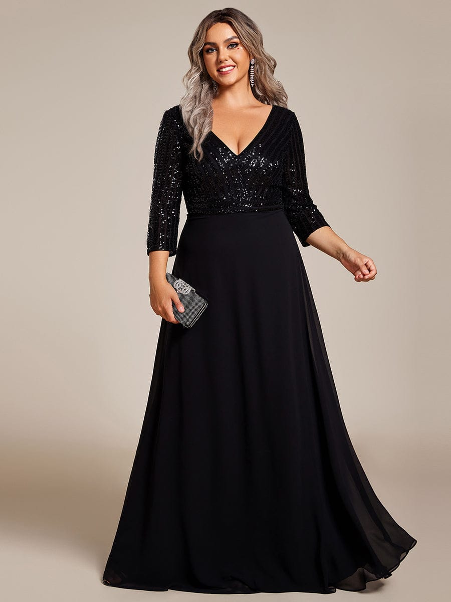 Sexy V Neck A-Line Sequin Evening Dresses with 3/8 Sleeve #color_Black