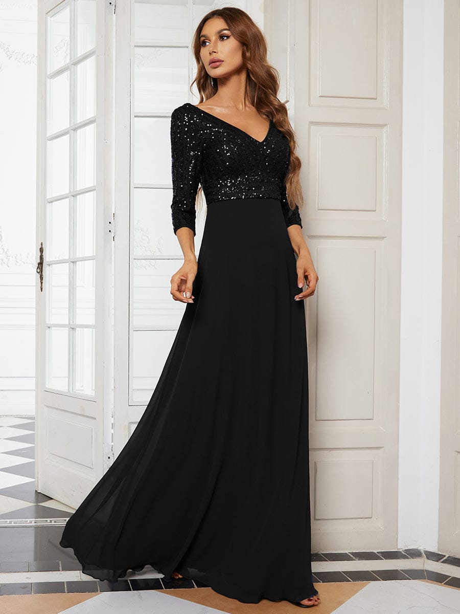 Sexy V Neck A-Line Sequin Evening Dresses with 3/6 Sleeve #color_Black