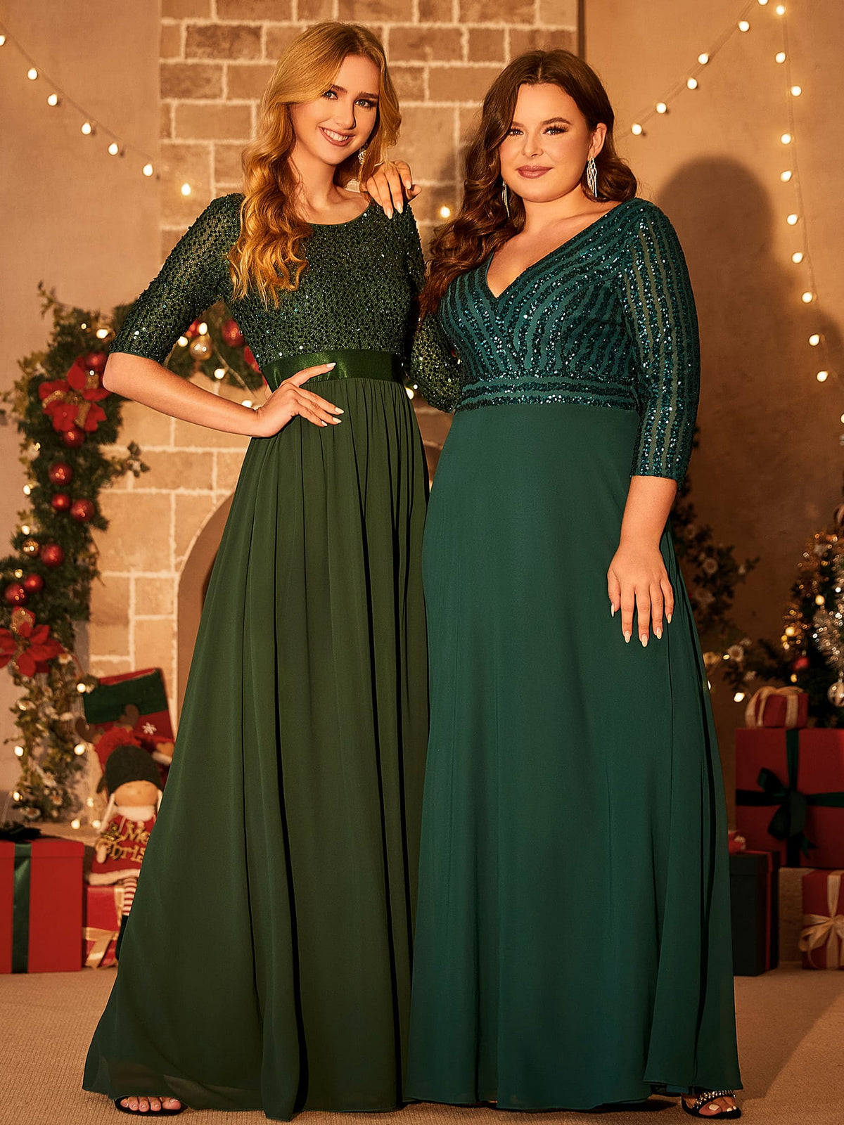 Sexy V Neck A-Line Sequin Evening Dresses with 3/4 Sleeve #color_Dark Green