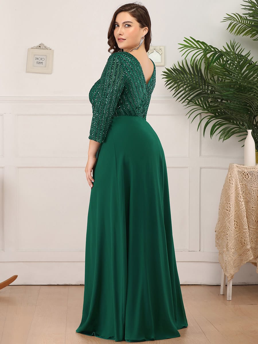 Sexy V Neck A-Line Sequin Evening Dresses with 3/4 Sleeve #color_Dark Green
