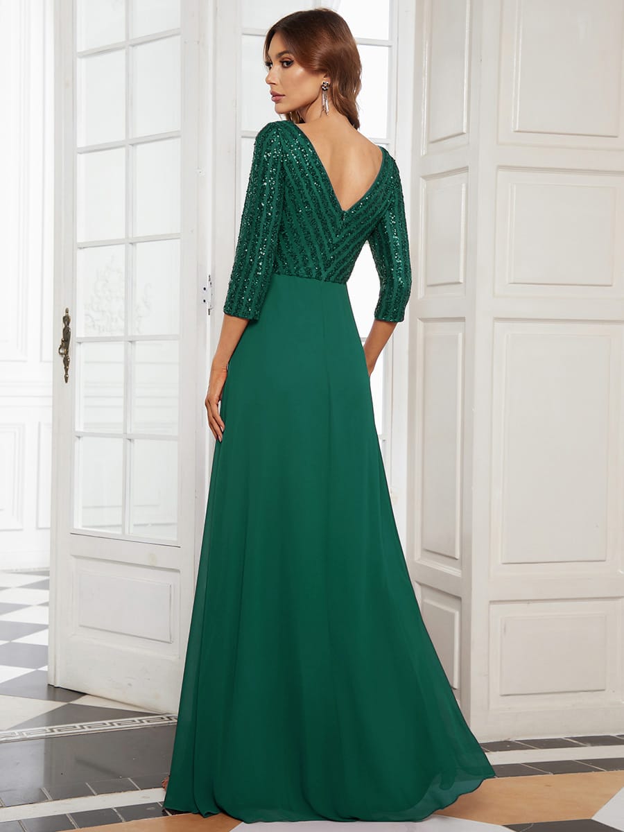 Sexy V Neck A-Line Sequin Evening Dresses with 3/4 Sleeve #color_Dark Green