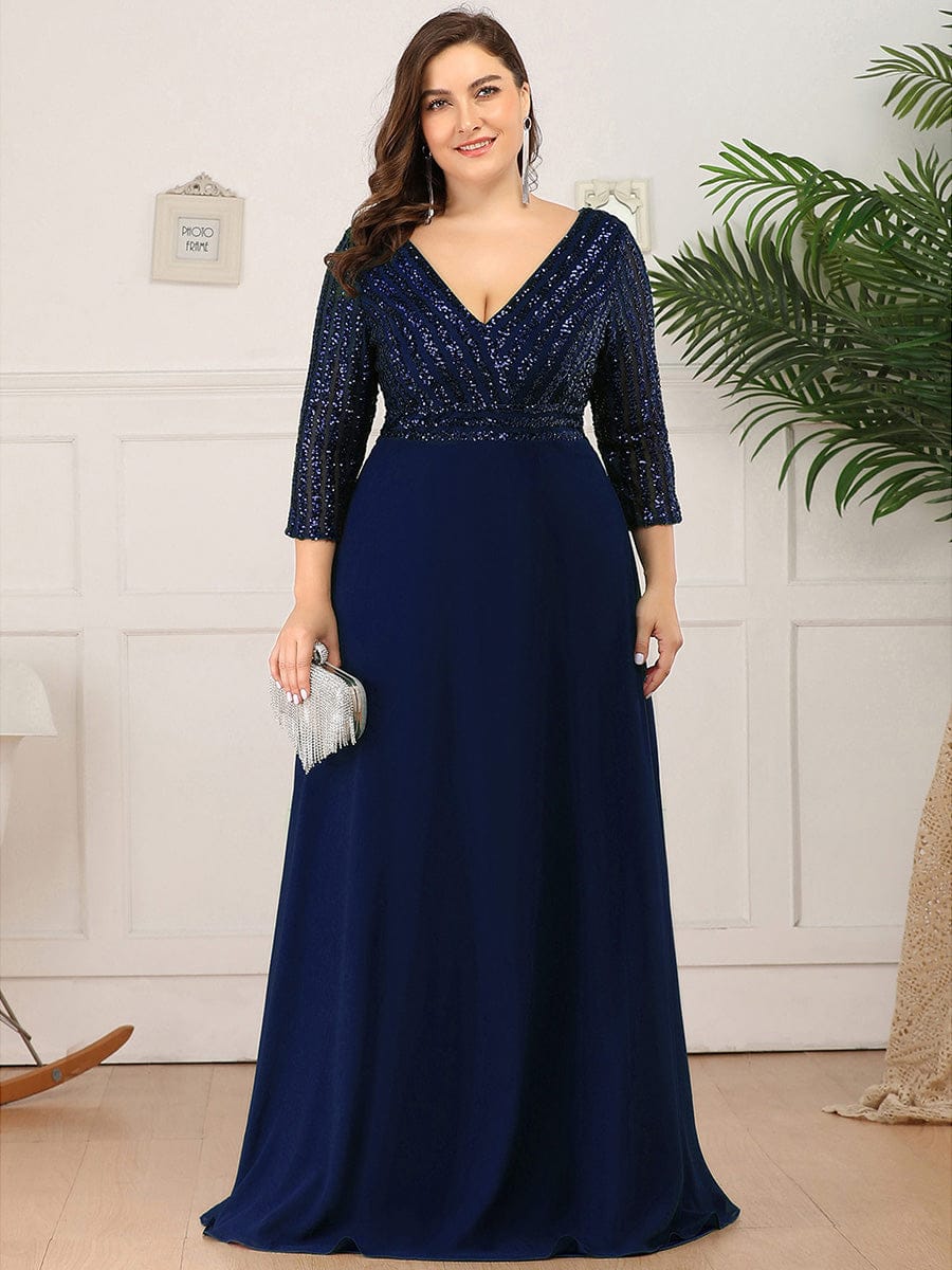 Sexy V Neck A-Line Sequin Evening Dresses with 3/4 Sleeve #color_Navy Blue