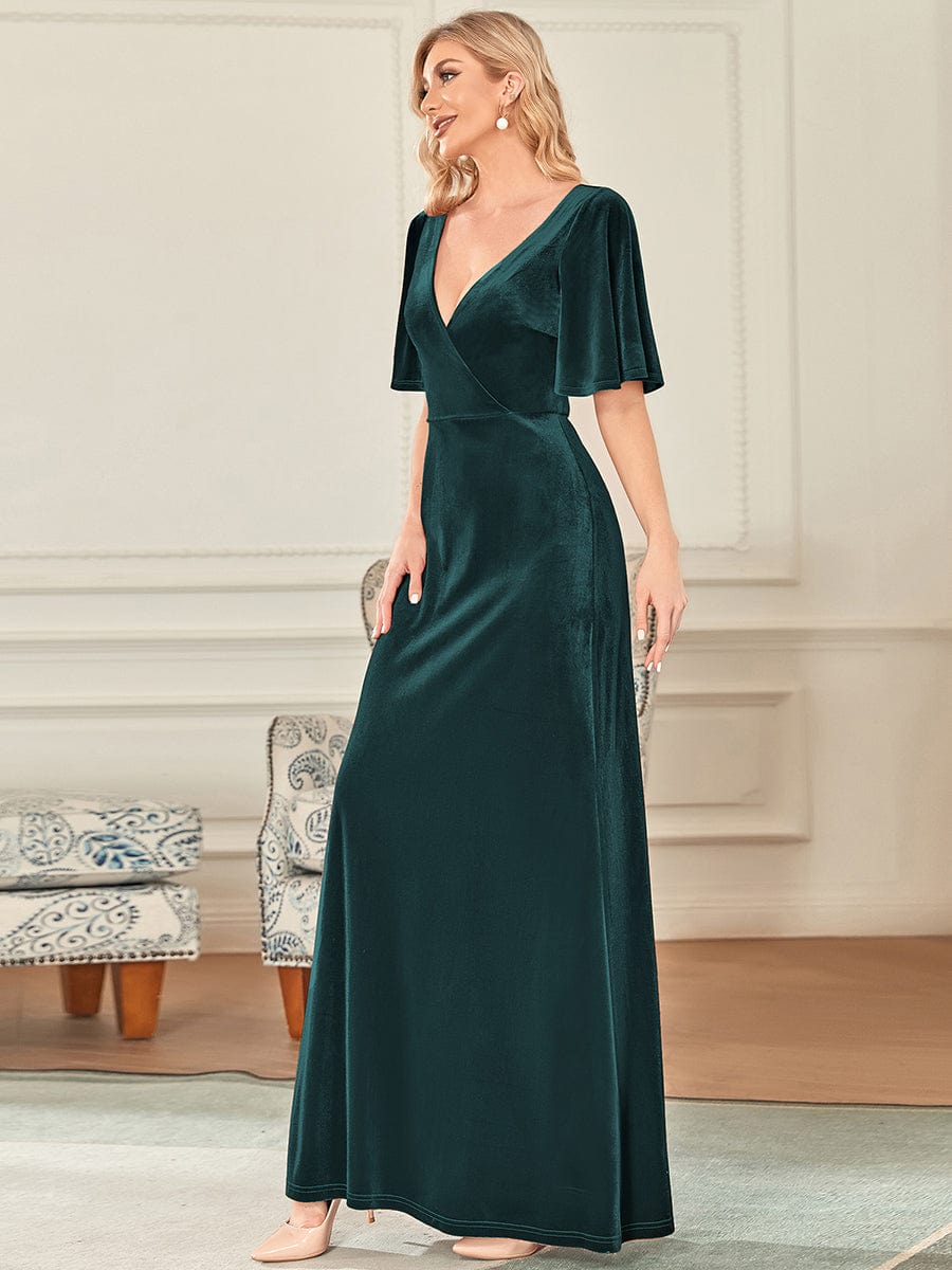 Elegant Double V Neck Velvet Party Dress for Women #color_Dark Green