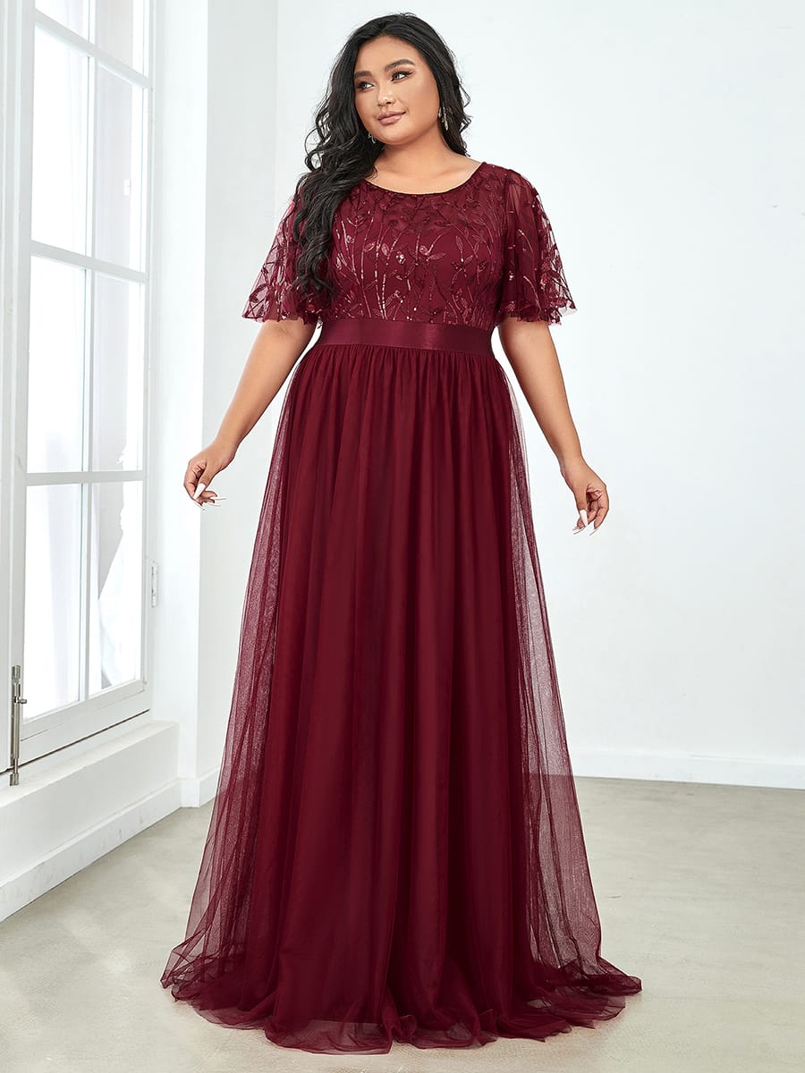 Women's A-Line Short Sleeve Embroidery Floor Length Wedding Guest Dresses #color_Burgundy