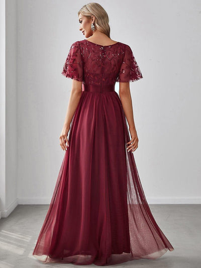 Women's A-Line Short Sleeve Embroidery Floor Length Wedding Guest Dresses #color_Burgundy