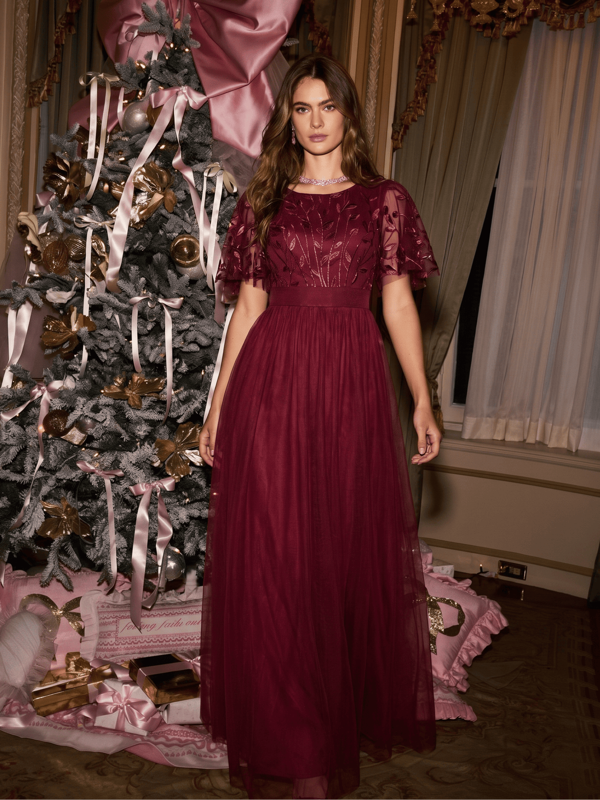 Women's A-Line Short Sleeve Embroidery Floor Length Wedding Guest Dresses #color_Burgundy