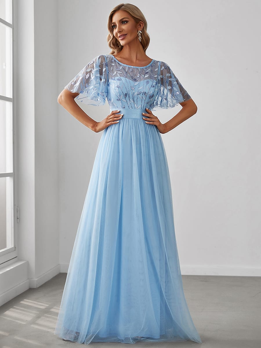 Women's A-Line Short Sleeve Embroidery Floor Length Wedding Guest Dresses #color_Sky Blue